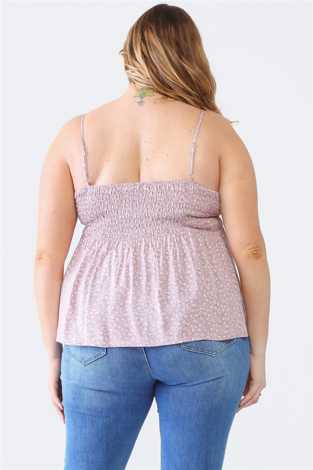 Zenobia Plus Size Frill Smocked Floral Sweetheart Neck Cami - PLUS TOPS - Mixed
