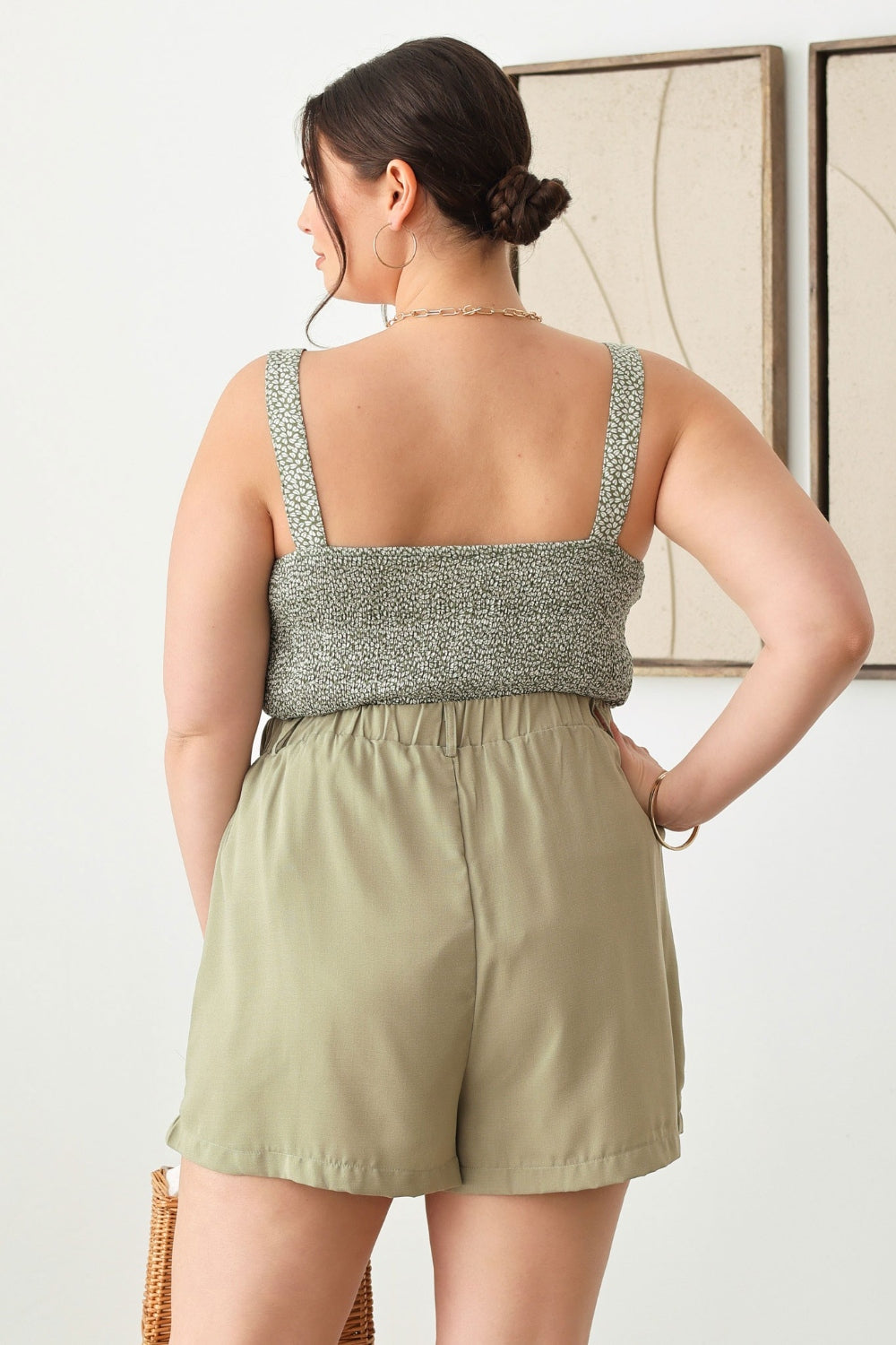 Zenobia Plus Size Half Elastic Waist Shorts with Pockets - BOTTOMS - Sage