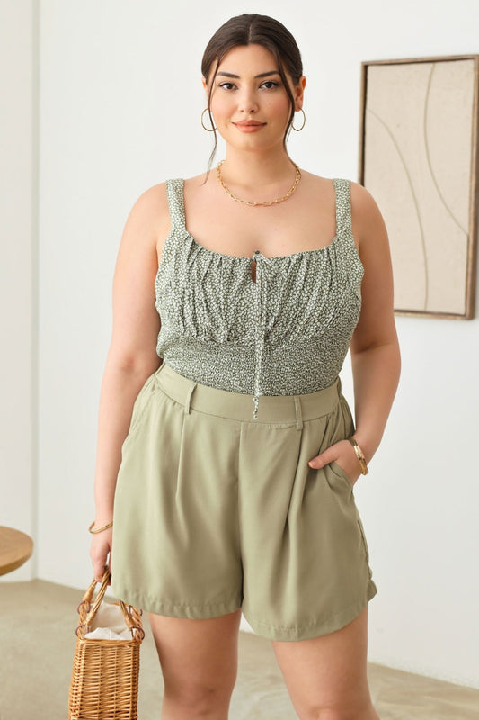 Zenobia Plus Size Half Elastic Waist Shorts with Pockets - Sage / 1XL - BOTTOMS - Sage