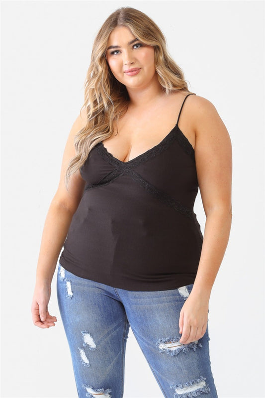 Zenobia Plus Size Lace Detail V-Neck Cami - Black / 1XL - PLUS TOPS - Black