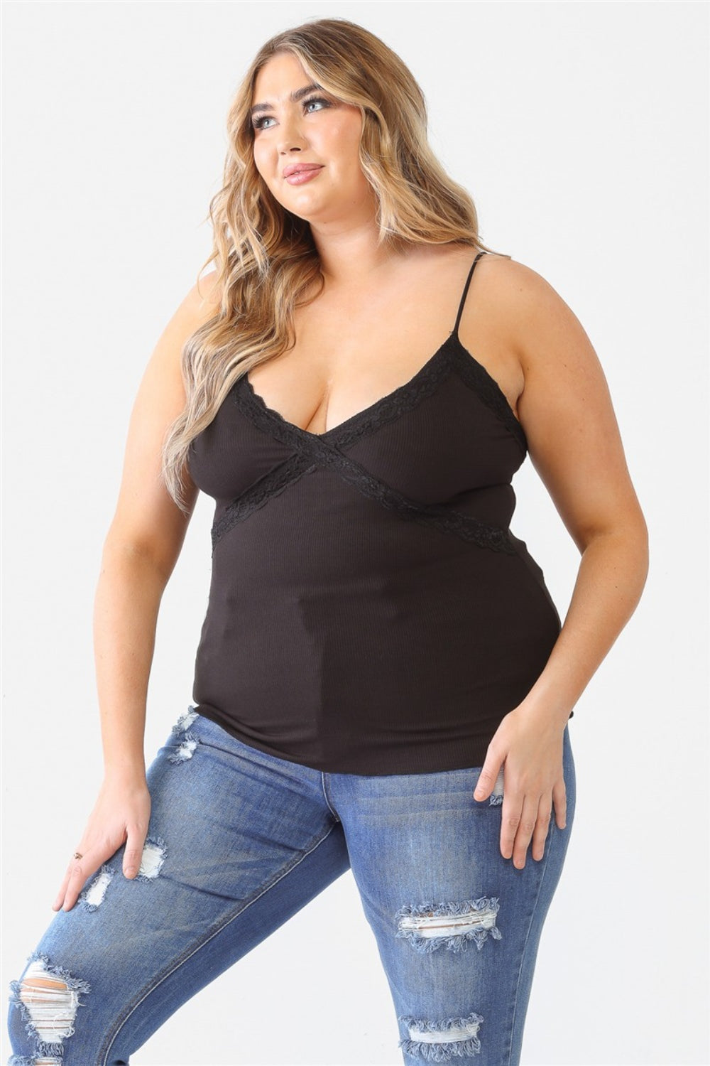 Zenobia Plus Size Lace Detail V-Neck Cami - PLUS TOPS - Black